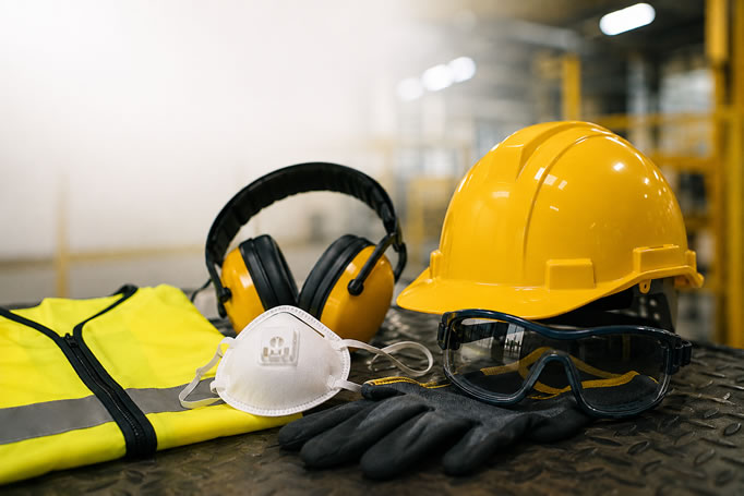 Equipamentos de proteção individual sobre bancada industrial