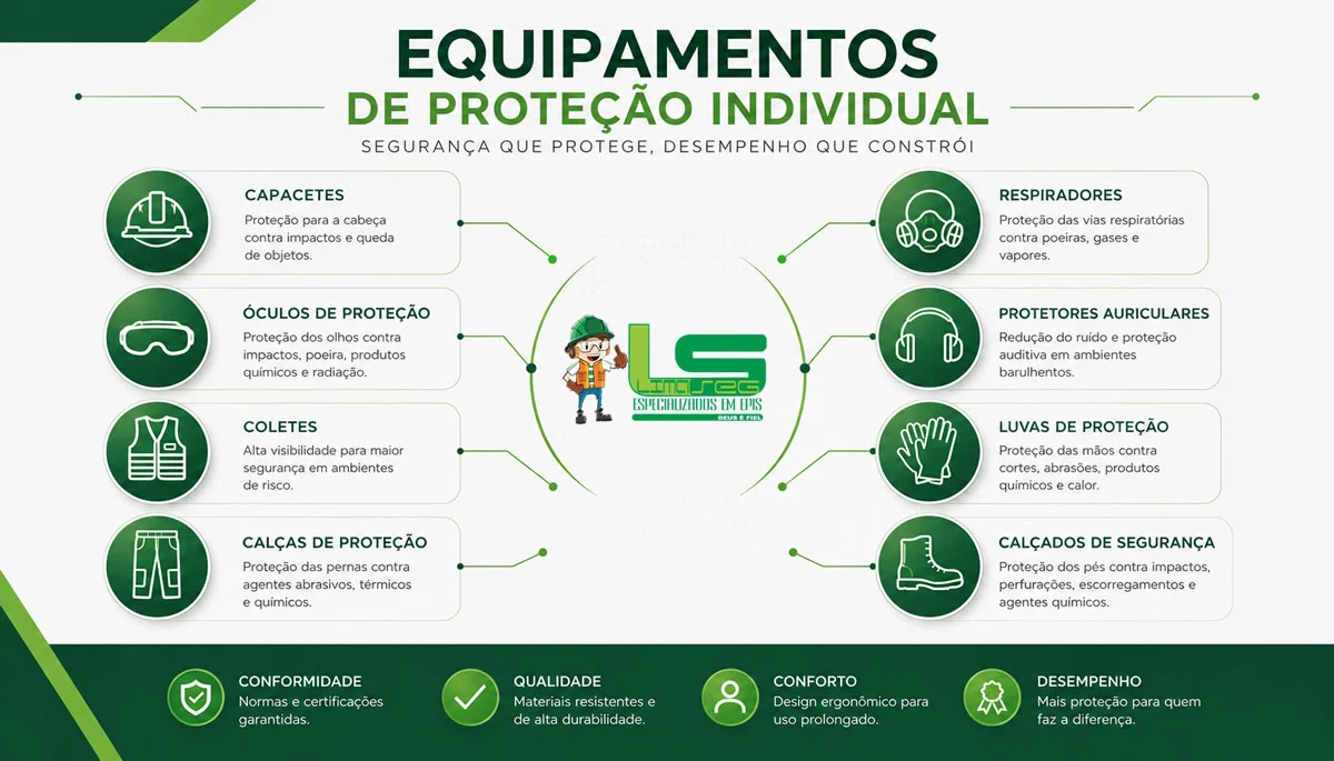Equipamentos de proteção individual: capacetes, óculos, coletes, respiradores, luvas e calçados de segurança
